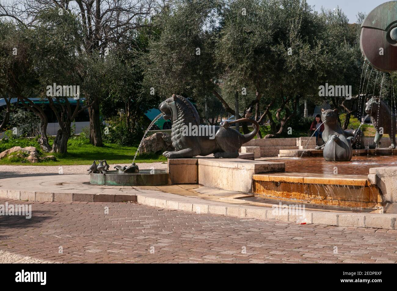 Israel, Jerusalem, Bloomfield Garden, Lions Fountain by Gernot Rumpf (born 1941) is a German sculptor known for his fountain and other bronze sculptur Stock Photo