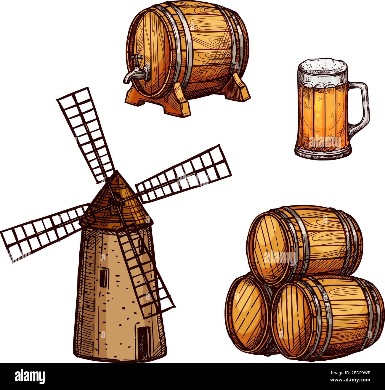 Beer drink isolated sketch set. Beer mug or tankard, wooden barrel with tap, stack of beer kegs and old windmill. Pub and bar menu, Oktoberfest festiv Stock Vector