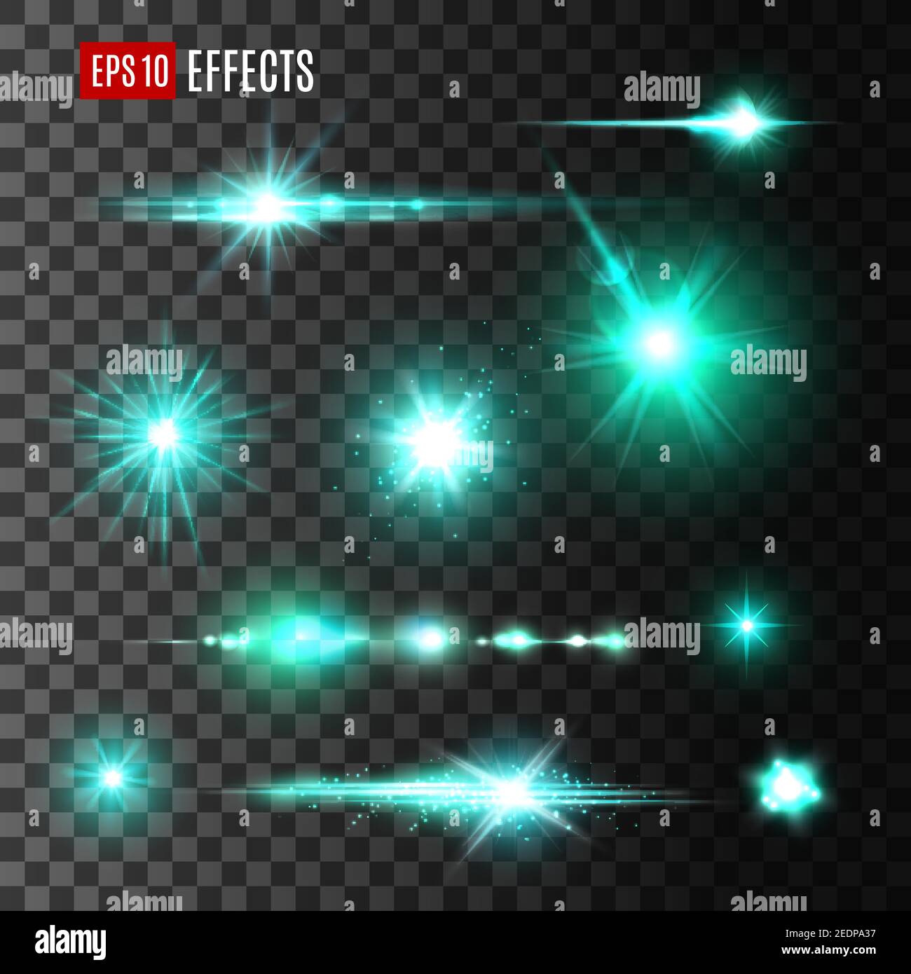 Light effect of shining star or sun with lens flare on transparent background. Glittering beam with bright sparkles and neon shine of green flash ligh Stock Vector