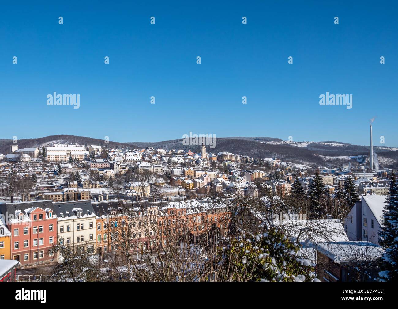 Panoramic view of the mountain town of Aue in the Ore Mountains, Germany Stock Photo