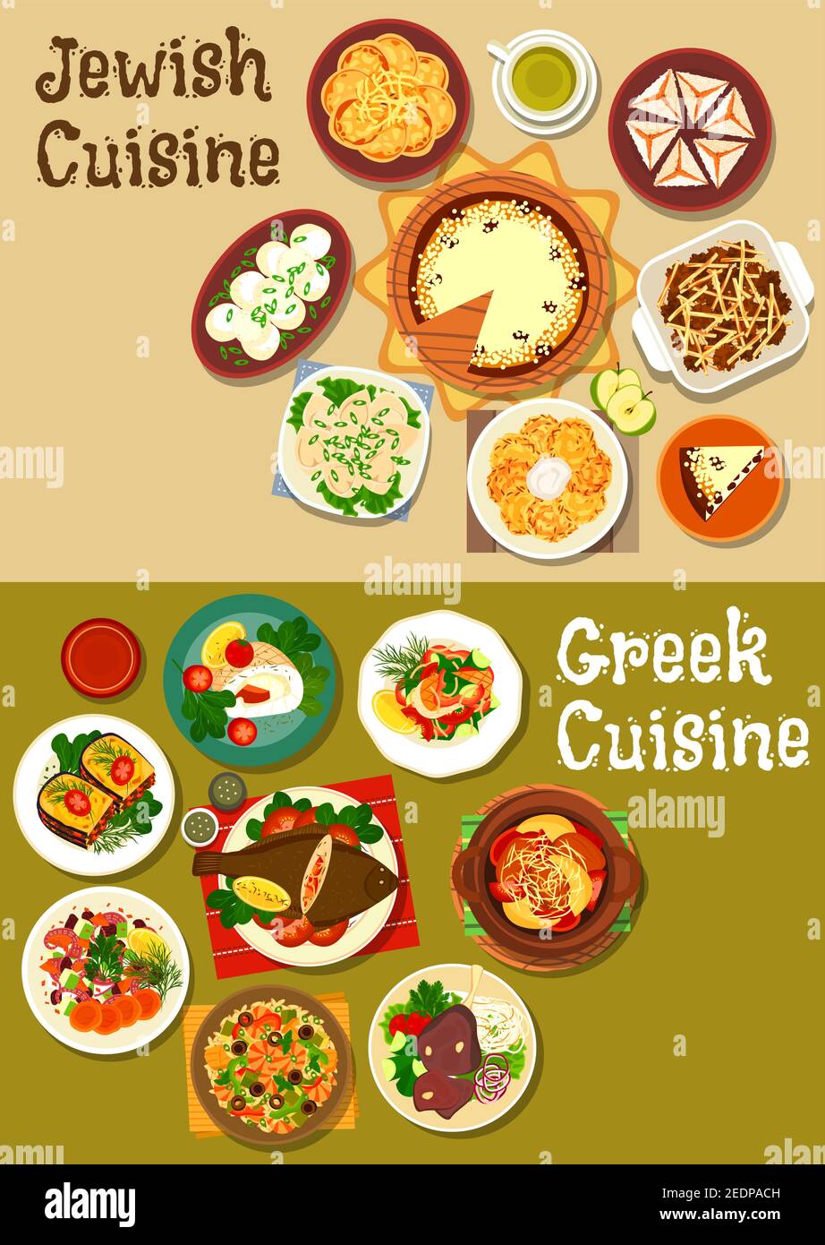 Greek and jewish cuisine icon with fish dishes, seafood risotto, meat dumpling, chickpea falafel, octopus salad, potato stew, pancake, casserole, lamb Stock Vector