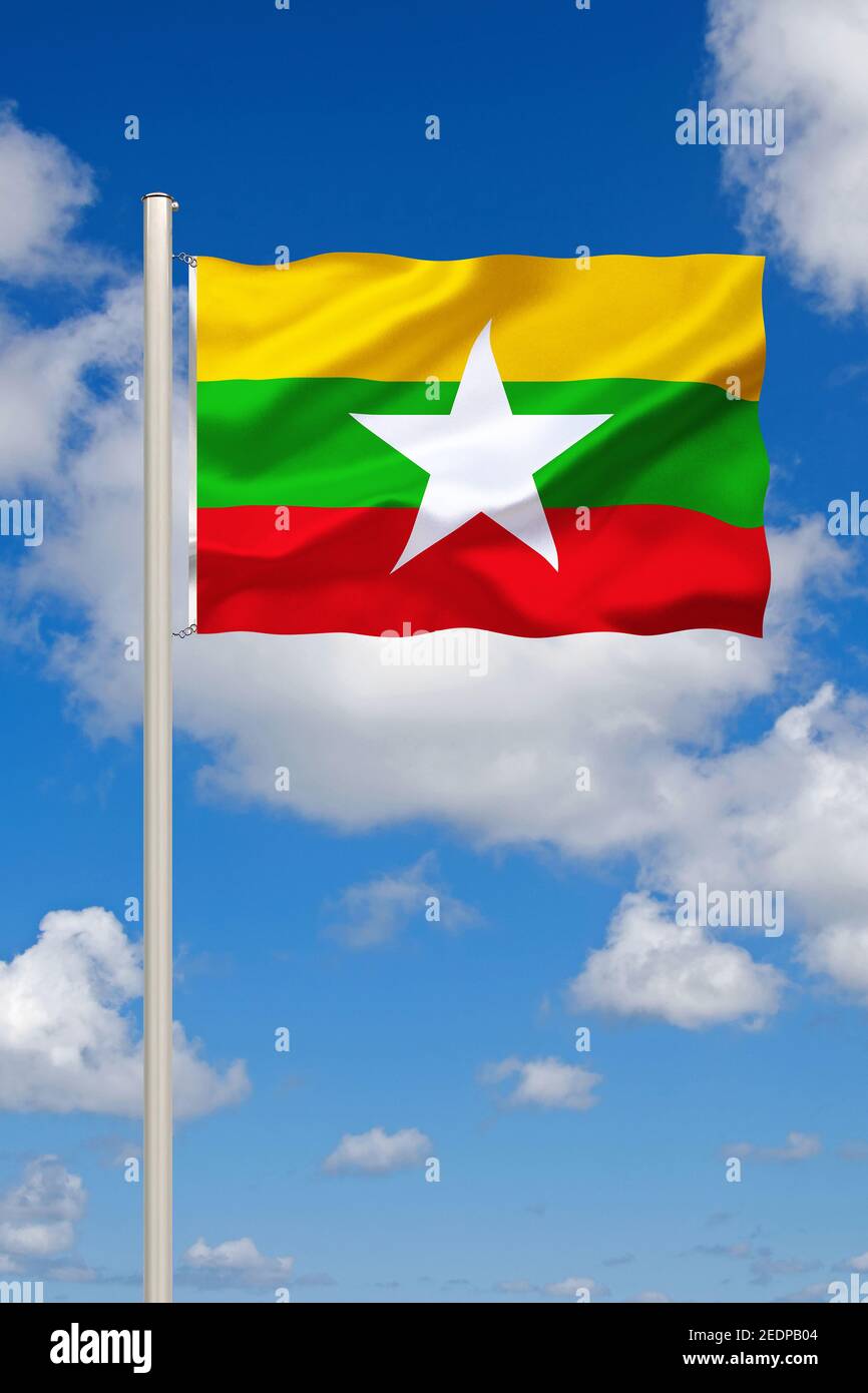 flag of Burma against blue cloudy sky, Burma Stock Photo - Alamy