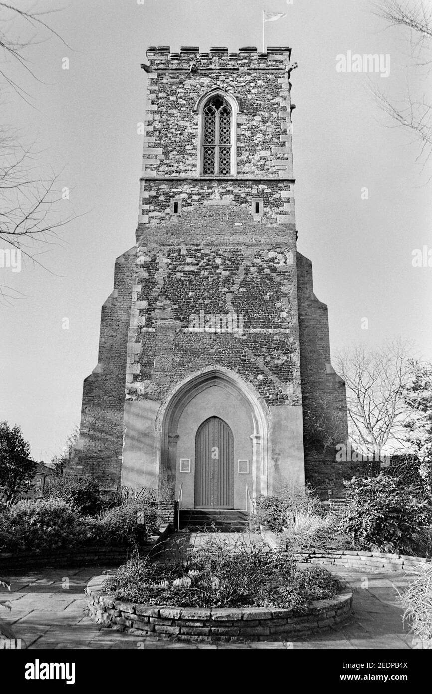 The historic St Mary's church tower at Hornsey, North London UK, looking towards the entrance Stock Photo