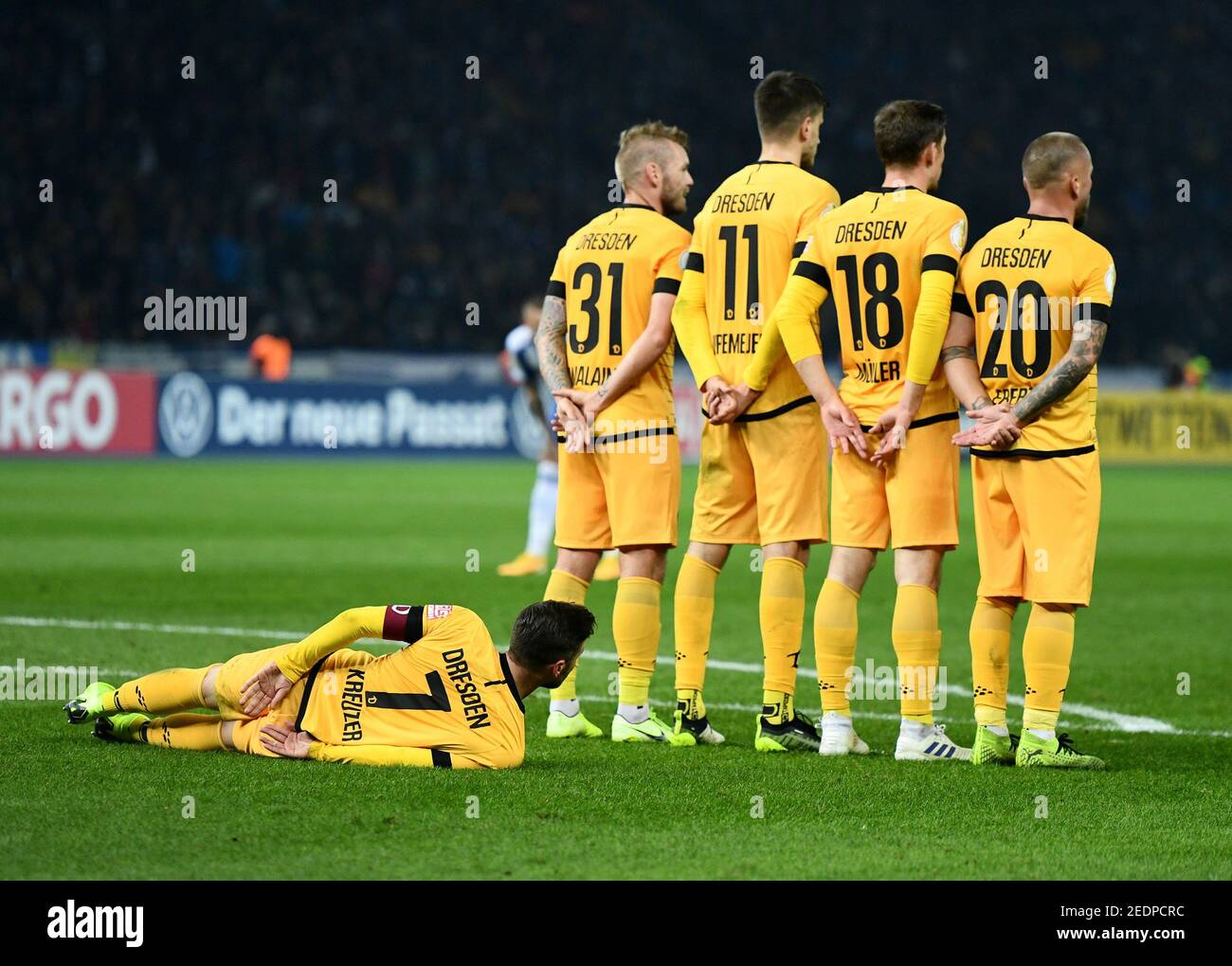 Soccer Football - DFB Cup - Second Round - Hertha BSC v Dynamo Dresden -  Olympiastadion, Berlin, Germany - October 30, 2019 Dynamo Dresden's Niklas  Kreuzer lays down on the pitch behind