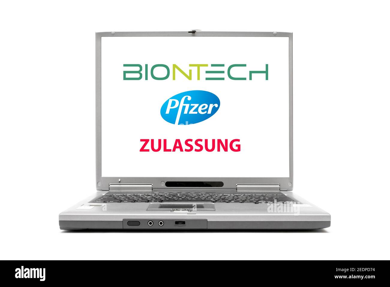 laptop lettering  Biontech, Pfizer, Zulassung,accreditation, Germany Stock Photo