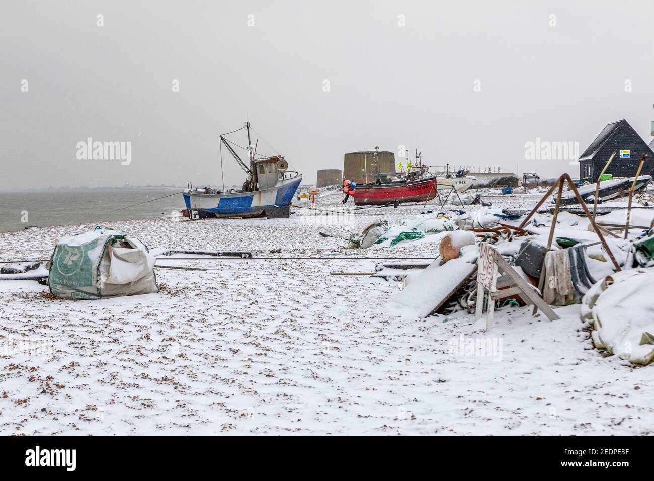 Fishermans Beach, Hythe, Kent on a snowy winters day, February 2021