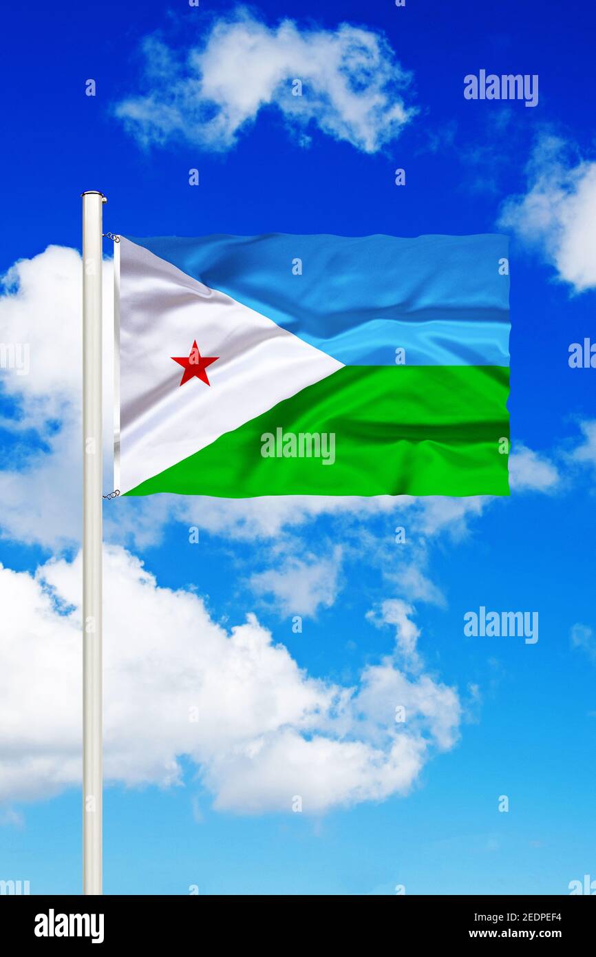 flag of Djibouti against blue cloudy sky, Djibouti Stock Photo