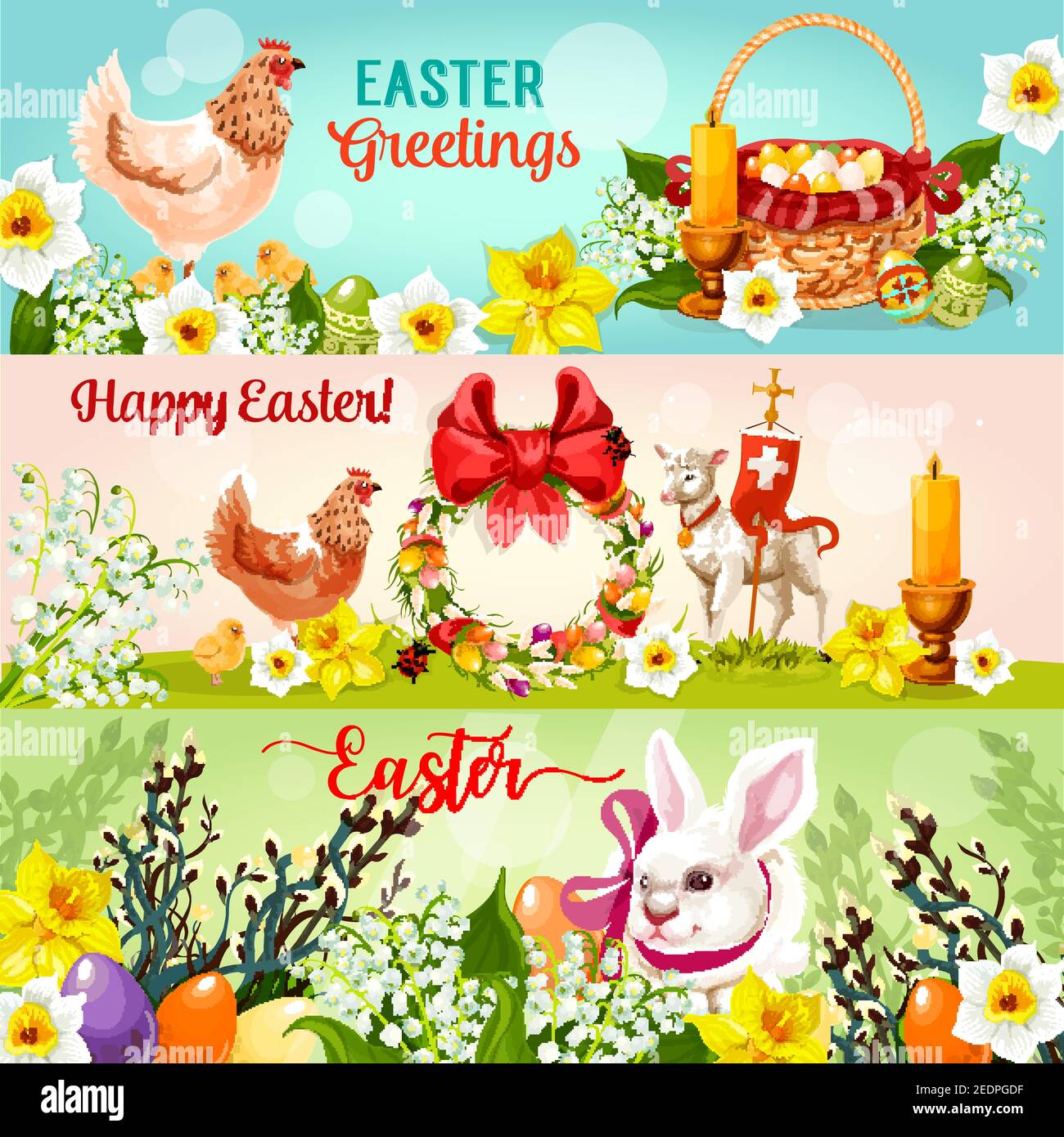 Happy Easter greetings banners. Easter rabbit bunny with egg hunt basket, chicken, chick, spring flowers, lamb of God with cross, floral wreath with E Stock Vector