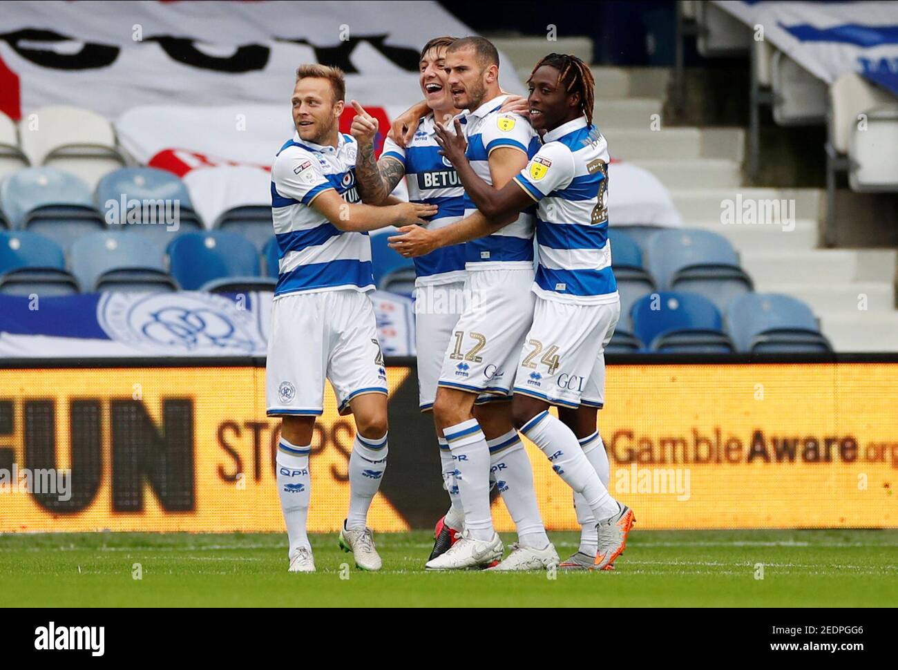 Soccer Football Championship Queens Park Rangers V Fulham Loftus Road London Britain June 30 2020 Qpr S Jordan Hugill Celebrates Scoring Their First Goal With Teammates As Play Resumes