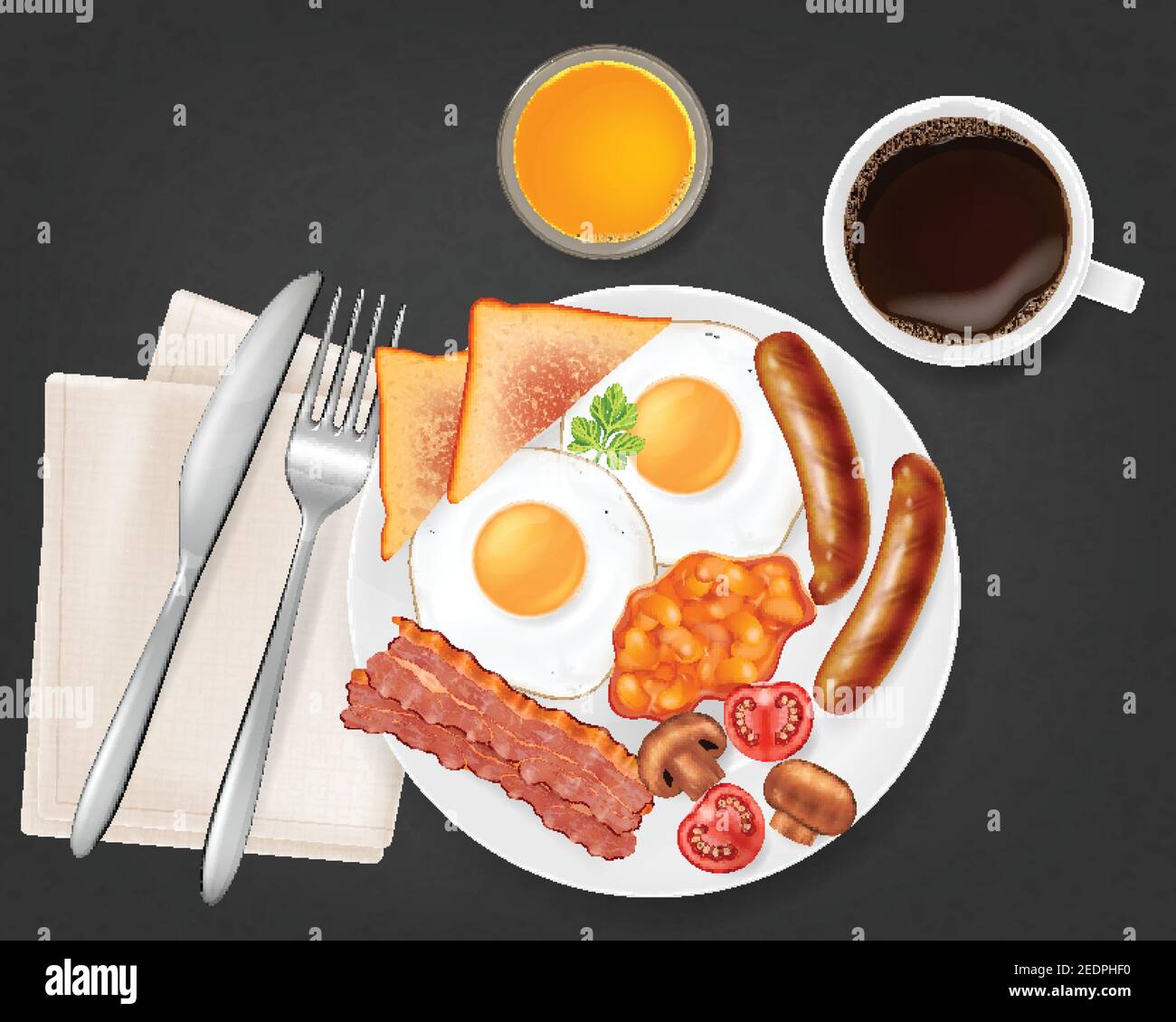 Traditional english breakfast on a plate, top view. Vector illustration ...