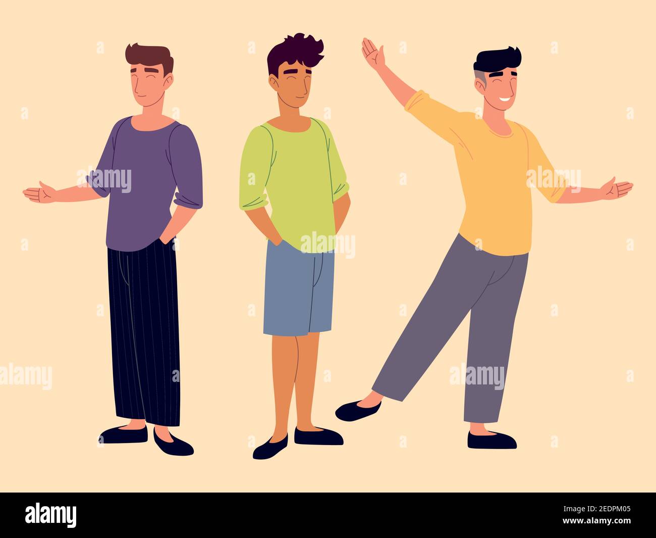 group young men character standing in casual clothes vector ...