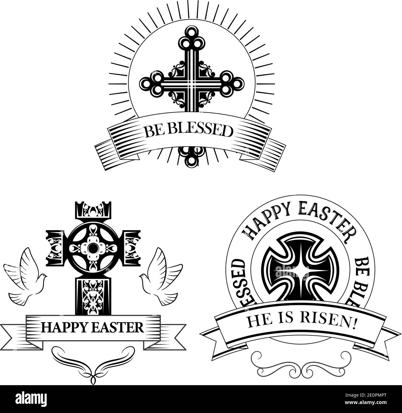 Easter symbols of cross and paschal he is risen text, be blessed for