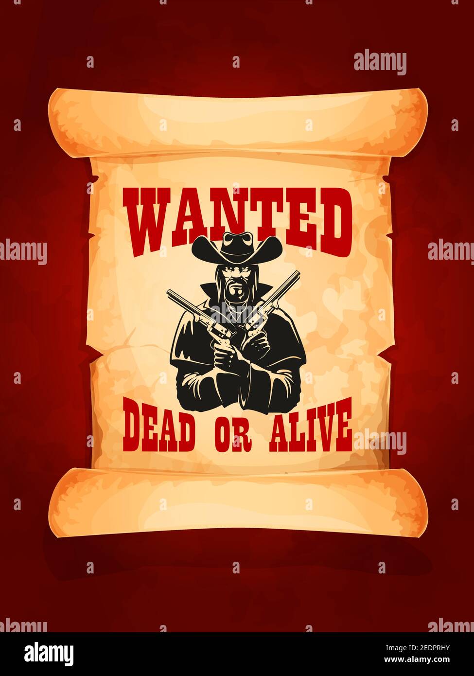 Wanted dead or alive criminal cowboy poster on old paper scroll. Dangerous western cowboy with gun or revolver wearing hat and coat. Wild West reward Stock Vector