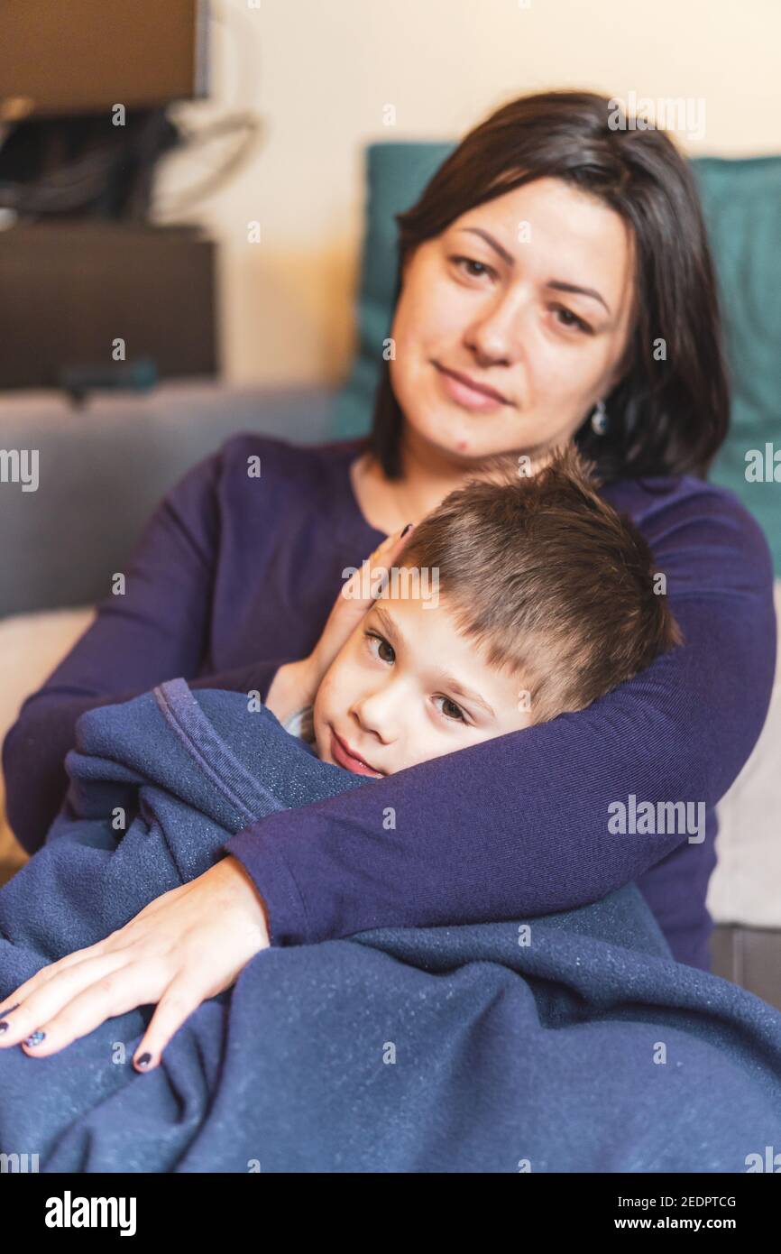 POZNAN, POLAND Feb 12, 2021 Young small Caucasian Polish boy resting