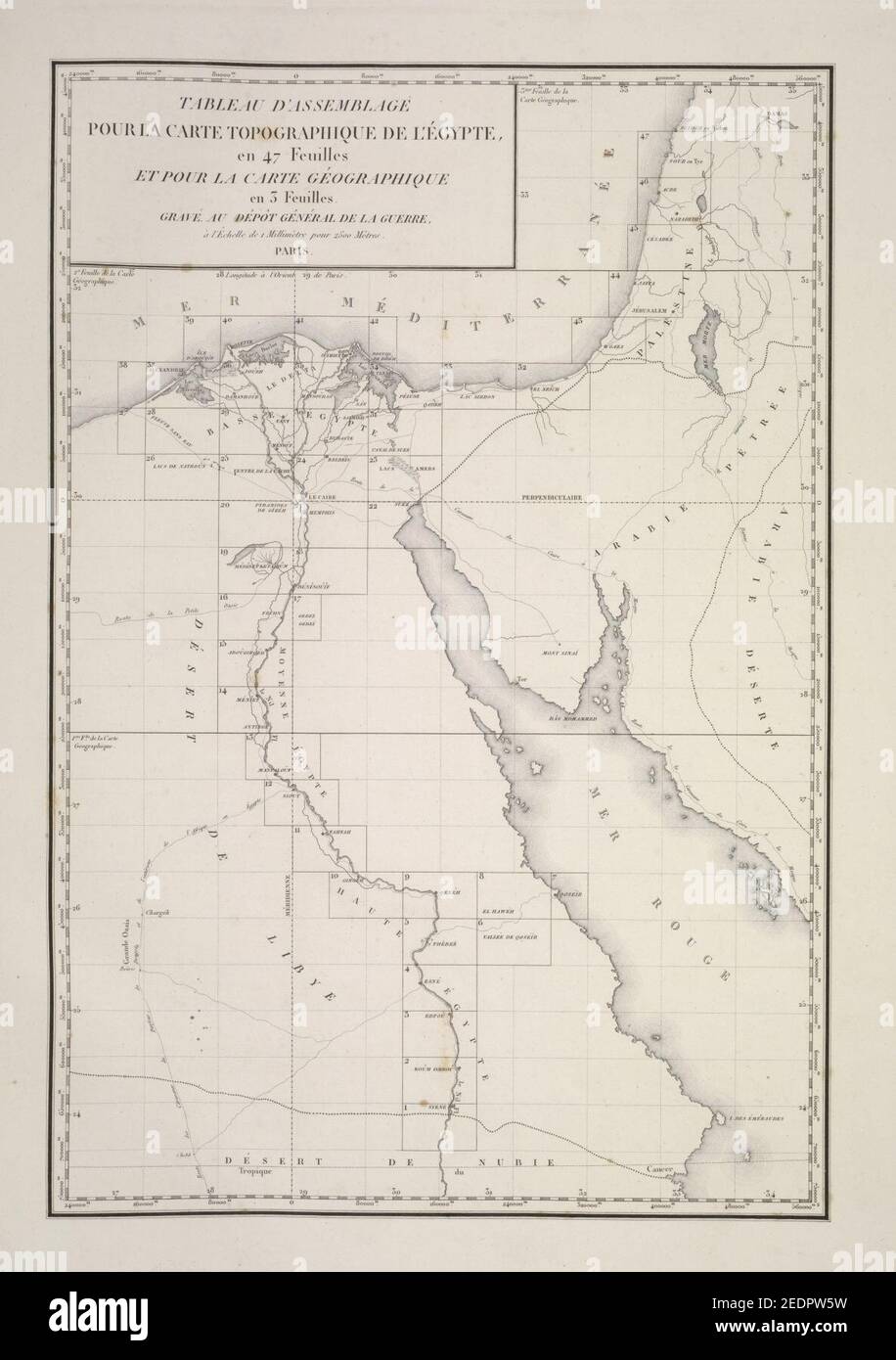 Tableau d'assemblage pour Carte topographique de l'Égypte, en 47 feuilles et pour la Carte géographique en 3 feuilles. Gravé au Dépôt général de la guerre, à l'échelle de 1 milimètre pour Stock Photo