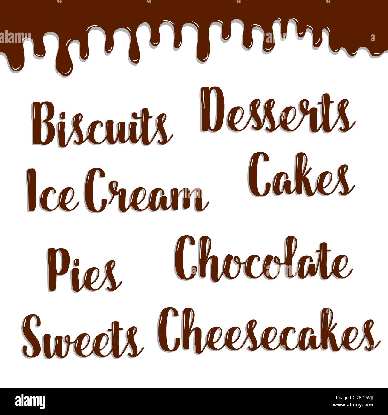 Pastry desserts names of chocolate fondant. Vector writings of biscuit