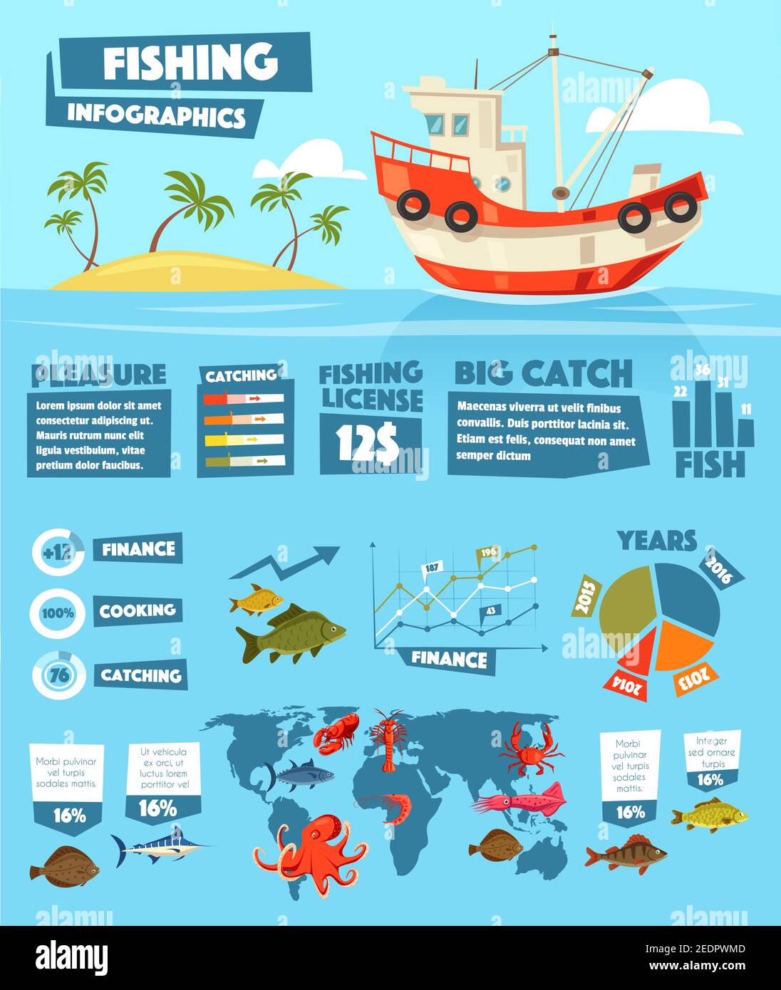 Fishing infographics of vector fish and seafood statistics. Fishery ship or boat industry data graphs, charts and diagrams. Fisher catch of crab or lo Stock Vector