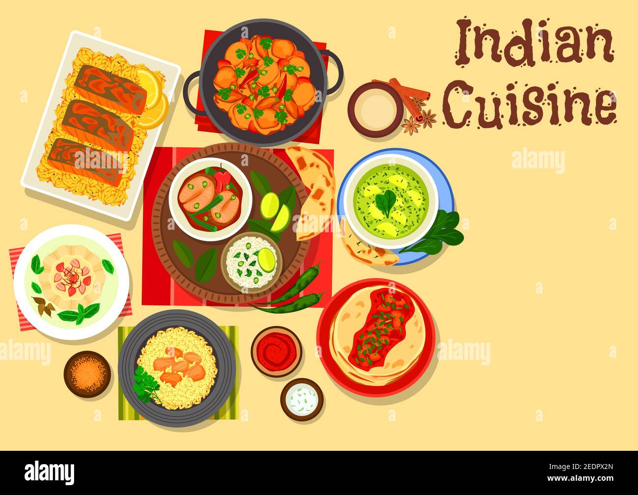 Indian cuisine chicken and fish curry icon served with rice, tomato sauce chutney on flatbread, spinach cheese soup, baked fish, cream dessert with fr Stock Vector