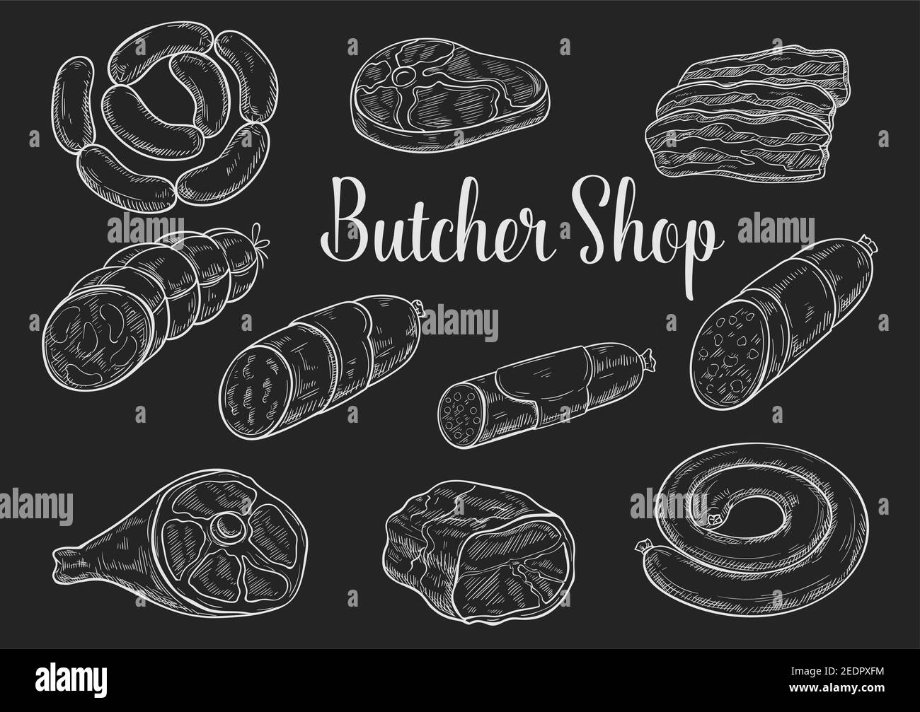 Meat product sketches on chalkboard. Fresh beef steak, sausage, ham, pork bacon, salami, gammon, frankfurter and pepperoni. Butcher shop and meat stor Stock Vector