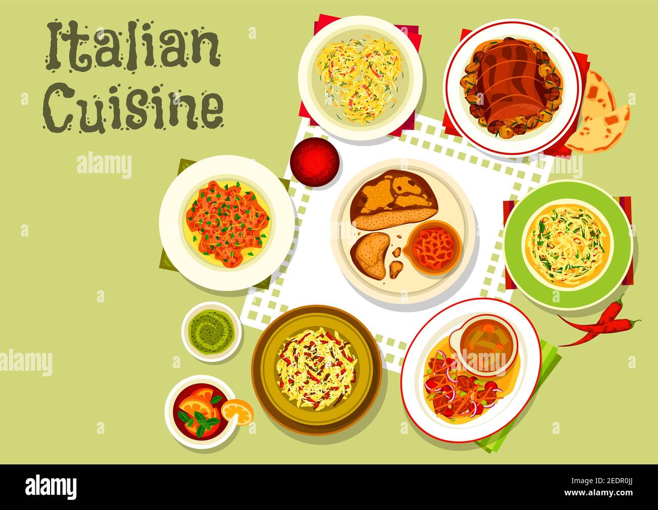 Italian cuisine icon of pasta with salami and pesto sauce, crab pasta nests, spaghetti with cheese and garlic, meat bread with chilli, vegetable beef Stock Vector