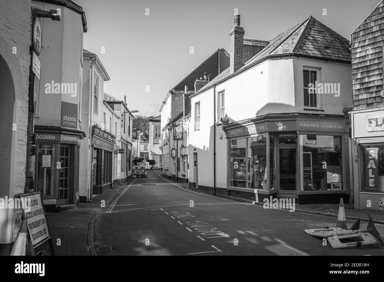 Main shopping street of Padstow, totally empty of people. All businesses closed. No tourist bustle. Caused by the 2021 Covid pandemic lockdown Stock Photo