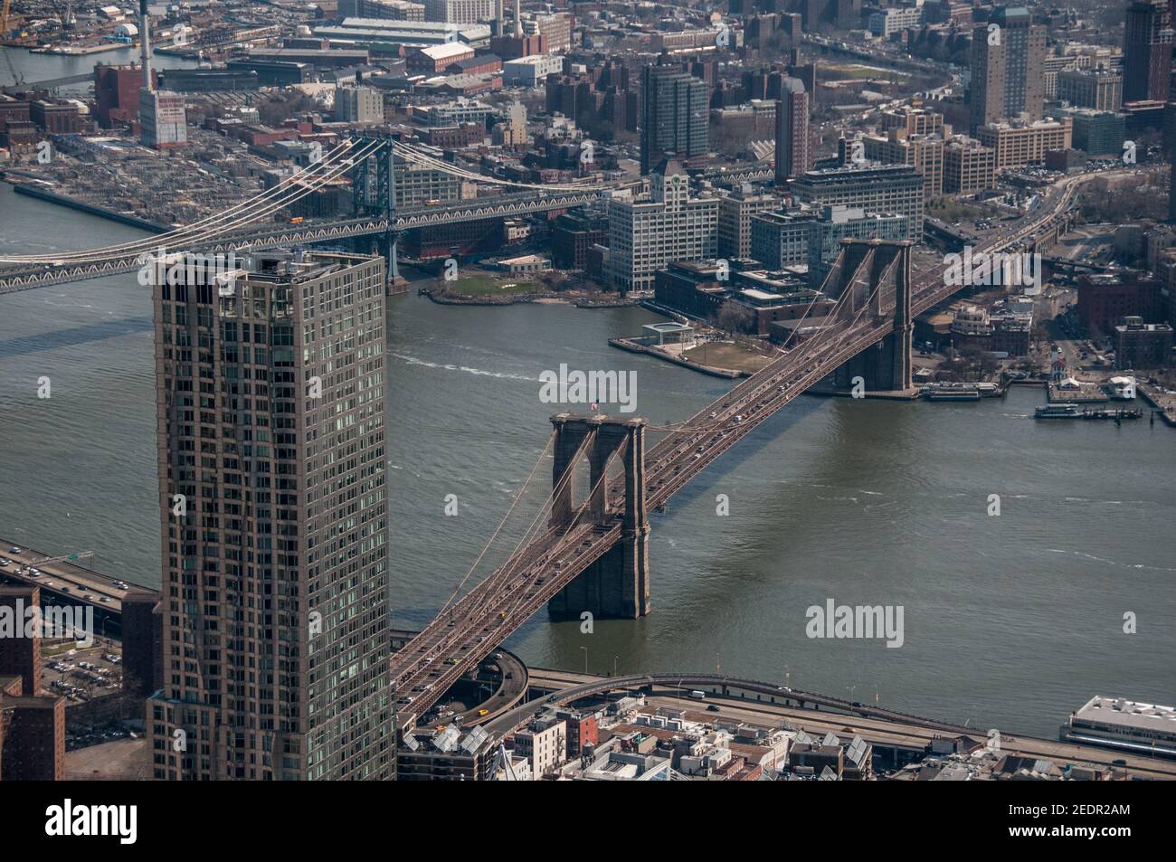 Manhattan bridge looking down arial view from freedom tower Stock Photo ...