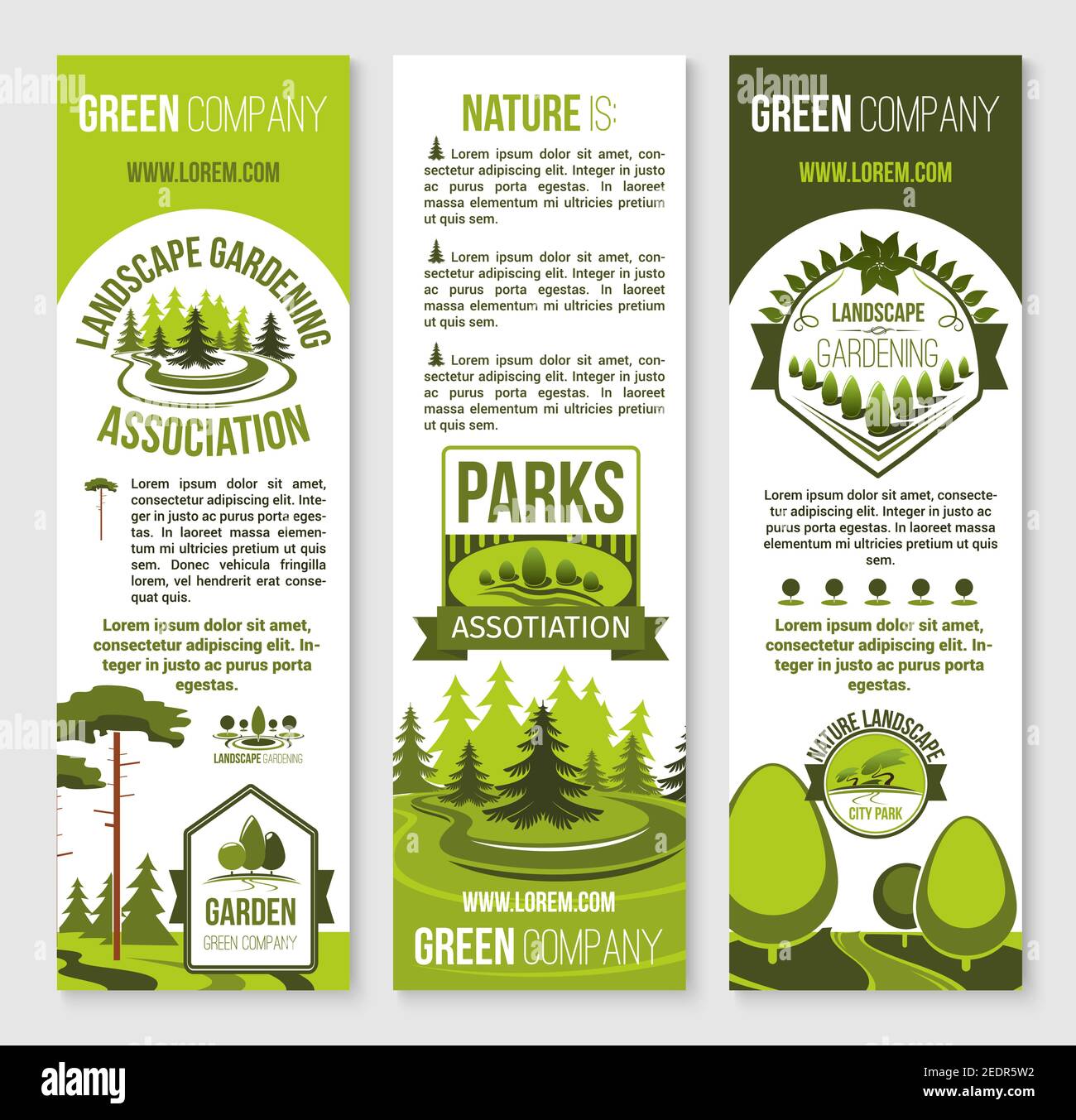 Landscape gardening and eco park banner template. City park and urban garden symbols with green tree, leaf, decorative plant and grass lawn. Landscape Stock Vector