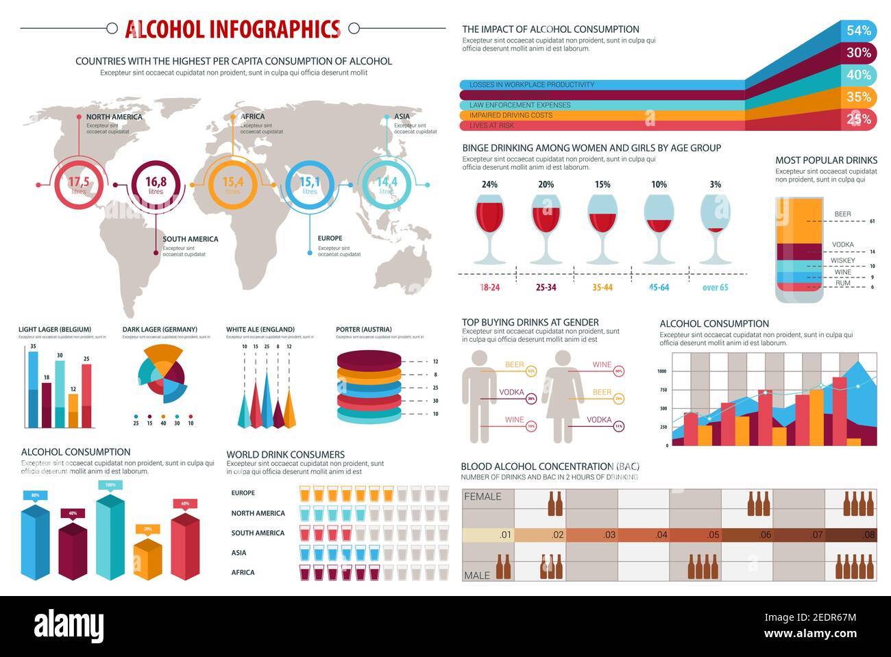 Alcohol consumption infographics. World alcohol consumers, most popular
