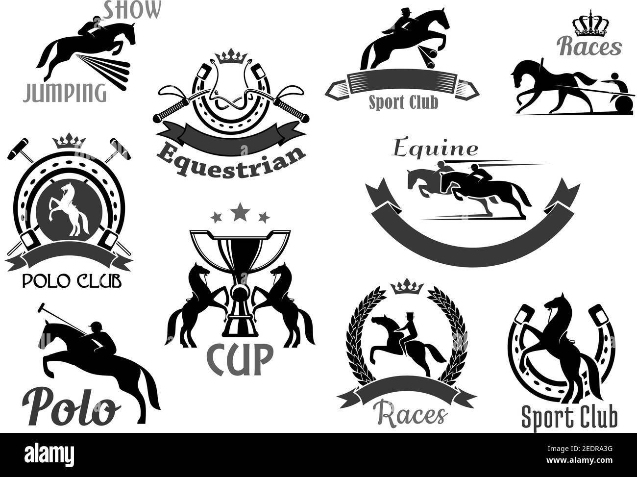 Horse races or equine sport club vector icons. Emblems of polo game, equestrian jump show or racing with symbols of horseshoe, rider winner or horsera Stock Vector