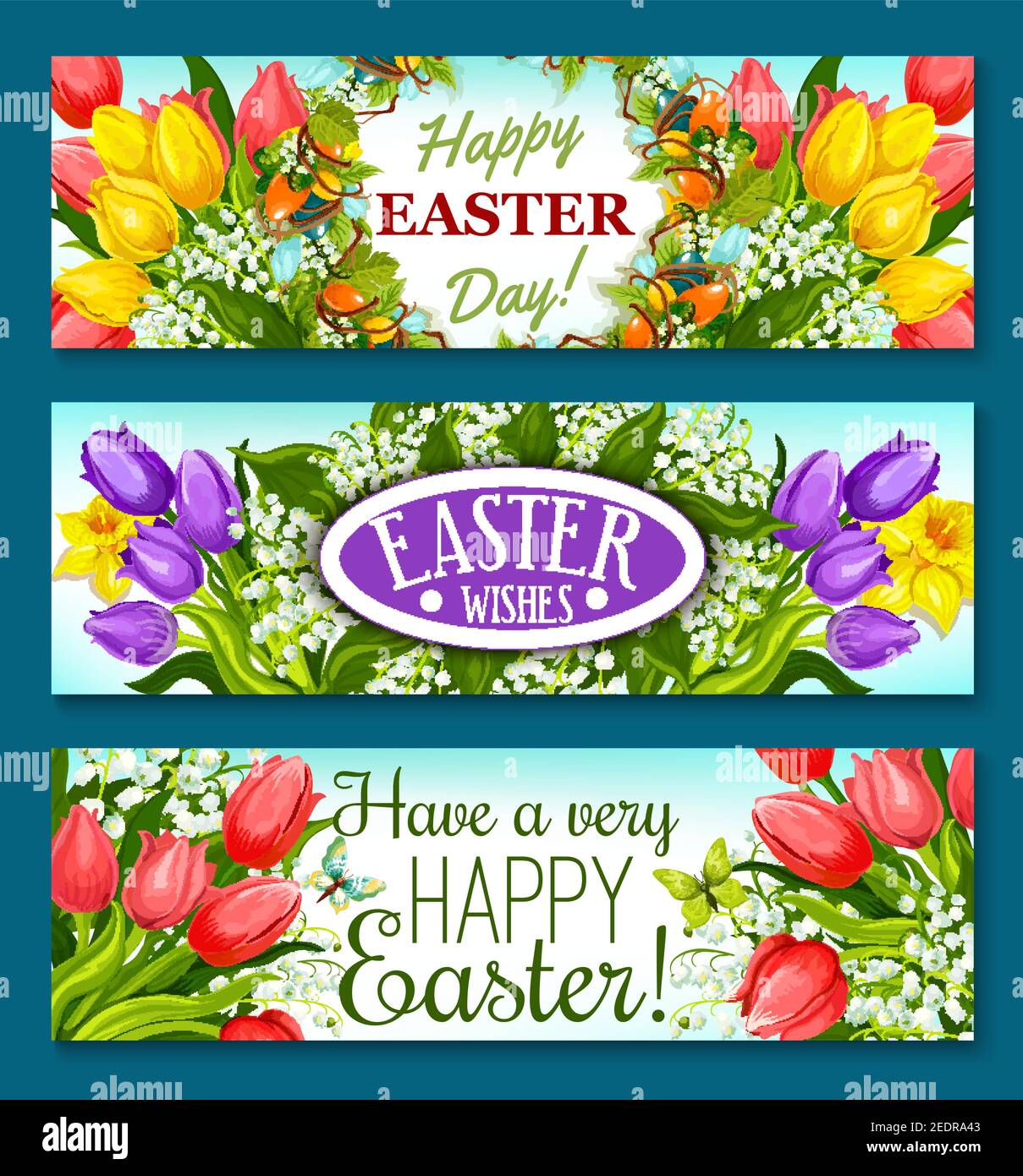 Easter greetings floral banner set. Easter egg and spring flower wreath of tulip, narcissus and lily of the valley flowers, green leaves and grapevine Stock Vector