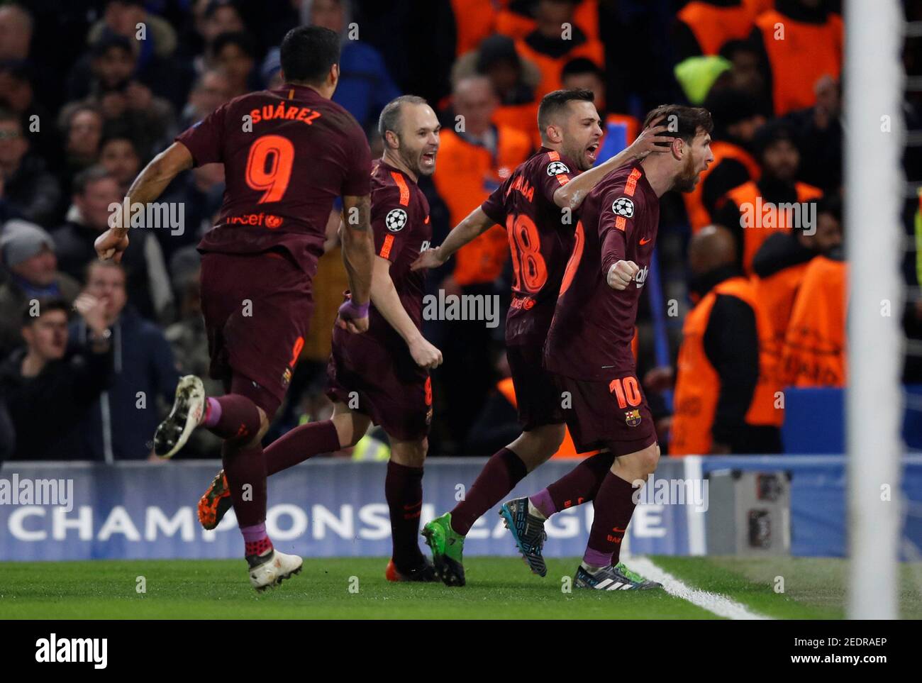Soccer Football - Champions League Round of 16 First Leg - Chelsea vs FC Barcelona - Stamford Bridge, London, Britain - February 20, 2018   Barcelona’s Lionel Messi celebrates scoring their first goal with Jordi Alba, Andres Iniesta and Luis Suarez    REUTERS/Eddie Keogh Stock Photo