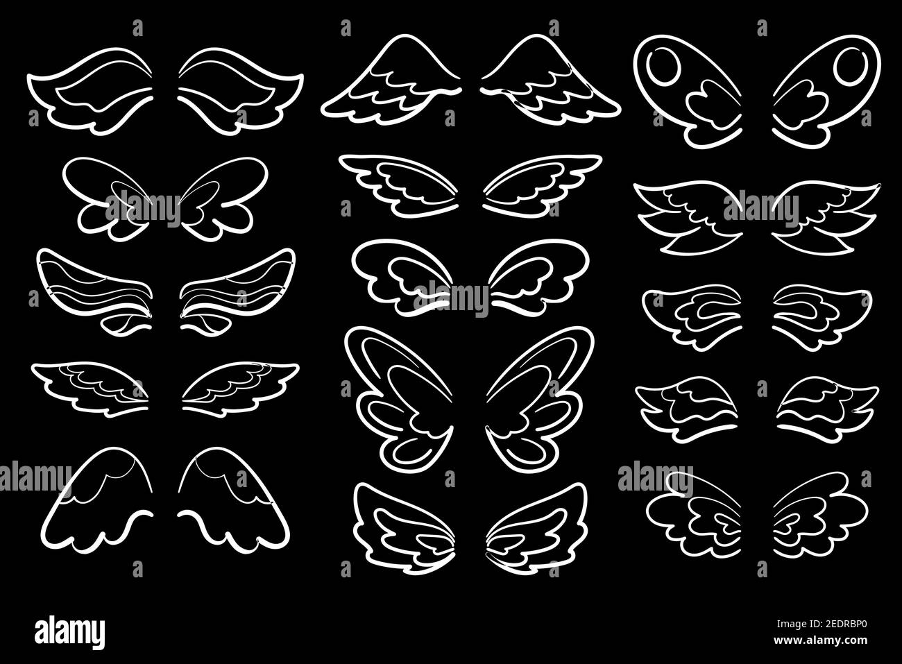 Chalk wing white line art, vector illustration on black background. White wing of angel, muse, sorceress, butterfly, fairy character. Comic wing clipa Stock Vector