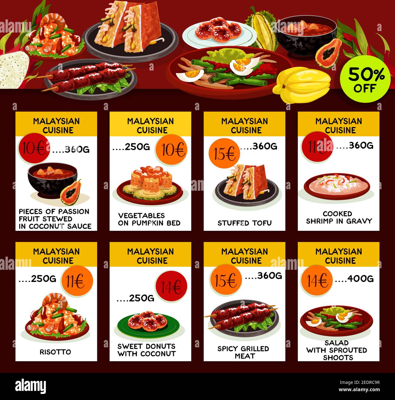 Malaysian cuisine restaurant menu template. Asian food special offer