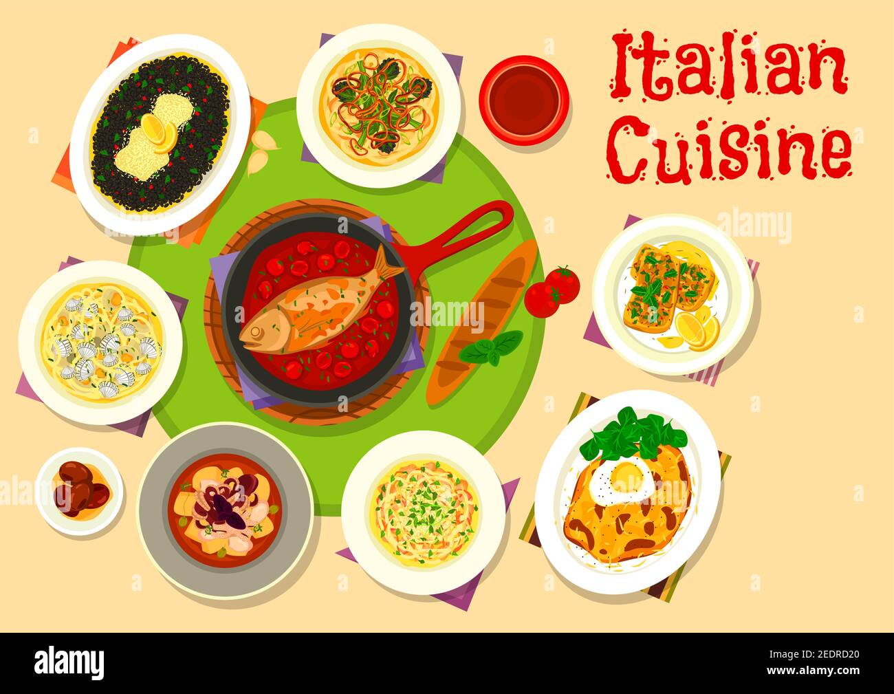Italian cuisine lunch menu icon of pasta with clam and rabbit stew, chicken spaghetti with cheese, fish in tomato sauce, seafood risotto, octopus vege Stock Vector