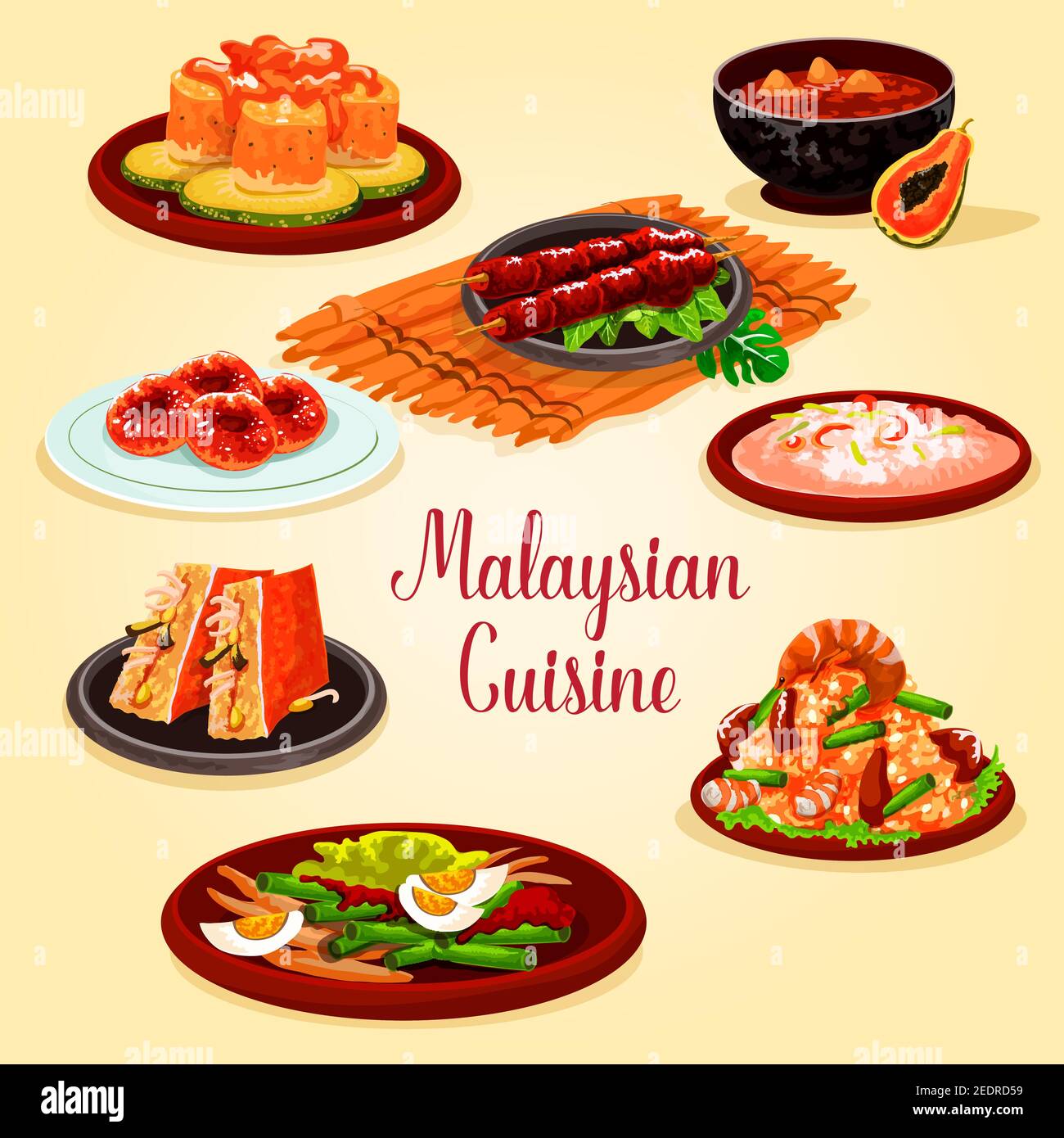Malaysian cuisine cartoon poster. Grilled chicken, fried rice with bean and prawn, seafood risotto, vegetable salad with egg, stuffed tofu with cucumb Stock Vector