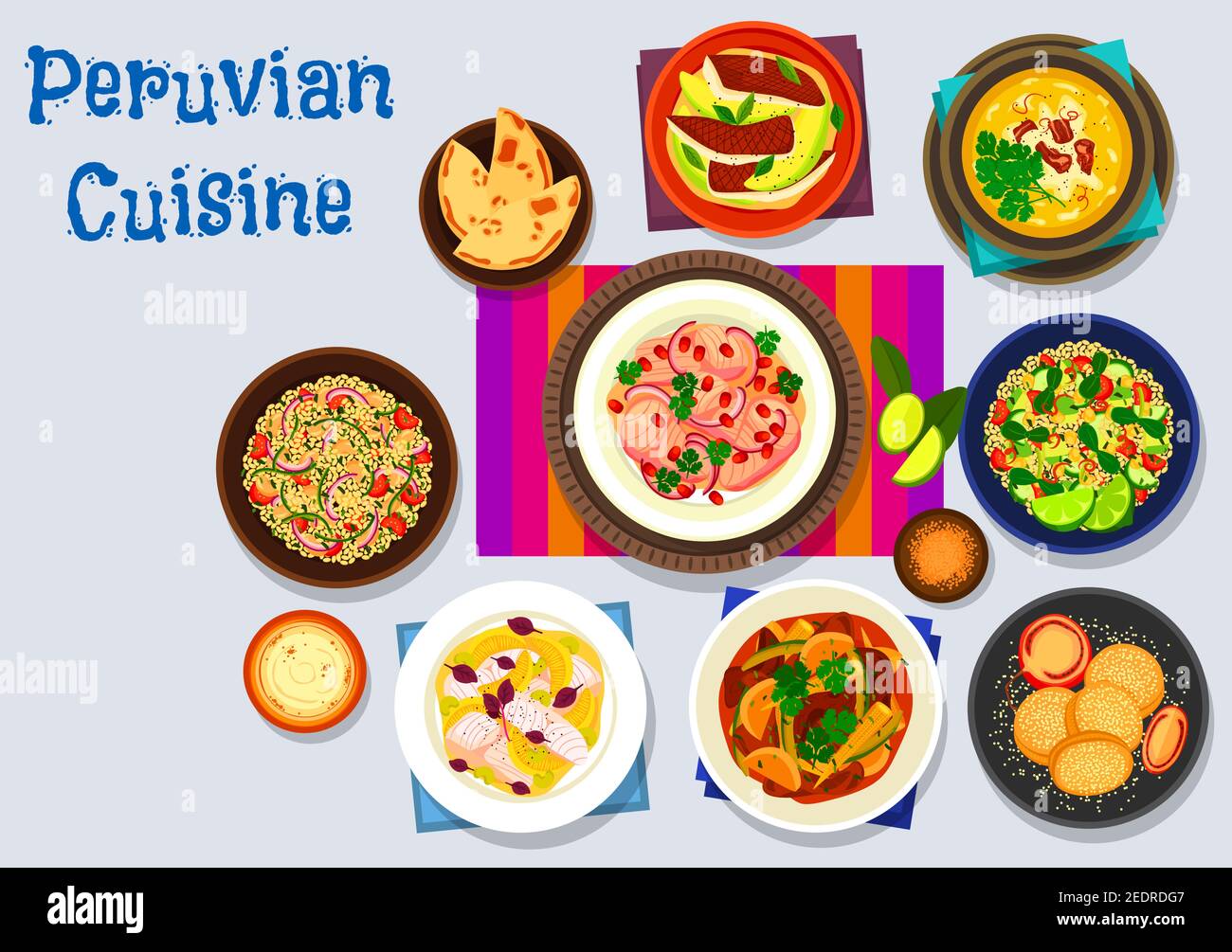 Peruvian cuisine icon of fish avocado ceviche, fish onion salad with ...