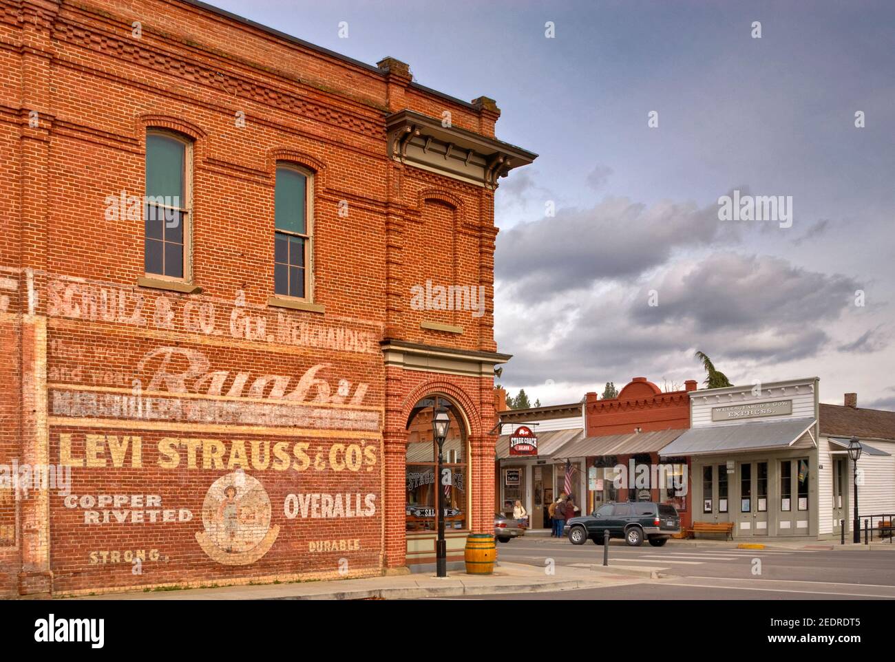 Old store signs at California Street in Jacksonville, Oregon, USA Stock