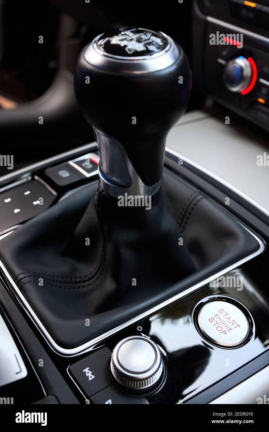 Modern luxury interior start stop engine button shift gear of manual