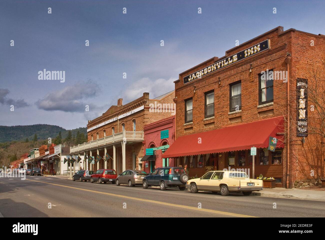 Historic hotels at California Street in Jacksonville, Oregon, USA Stock