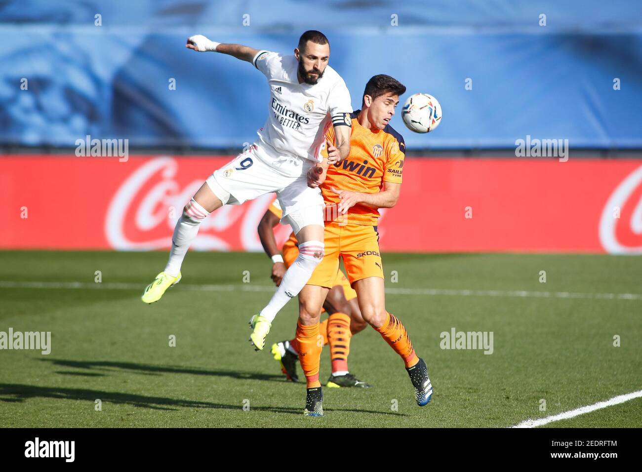 Karim Benzema of Real Madrid and Gabriel Paulista of Valencia during the Spanish championship La Liga football match between Re / LM Stock Photo