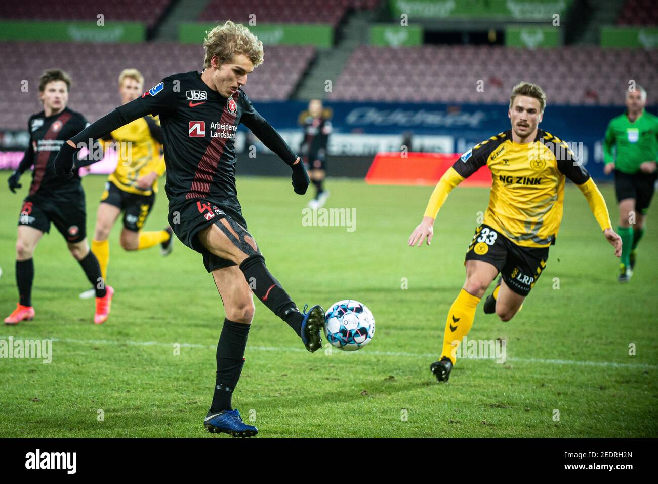 Herning, Denmark. 14th Feb, 2021. Gustav Isaksen (45) of FC Midtjylland  seen during the 3F Superliga match between FC Midtjylland and AC Horsens at  MCH Arena in Herning. (Photo Credit: Gonzales Photo/Alamy