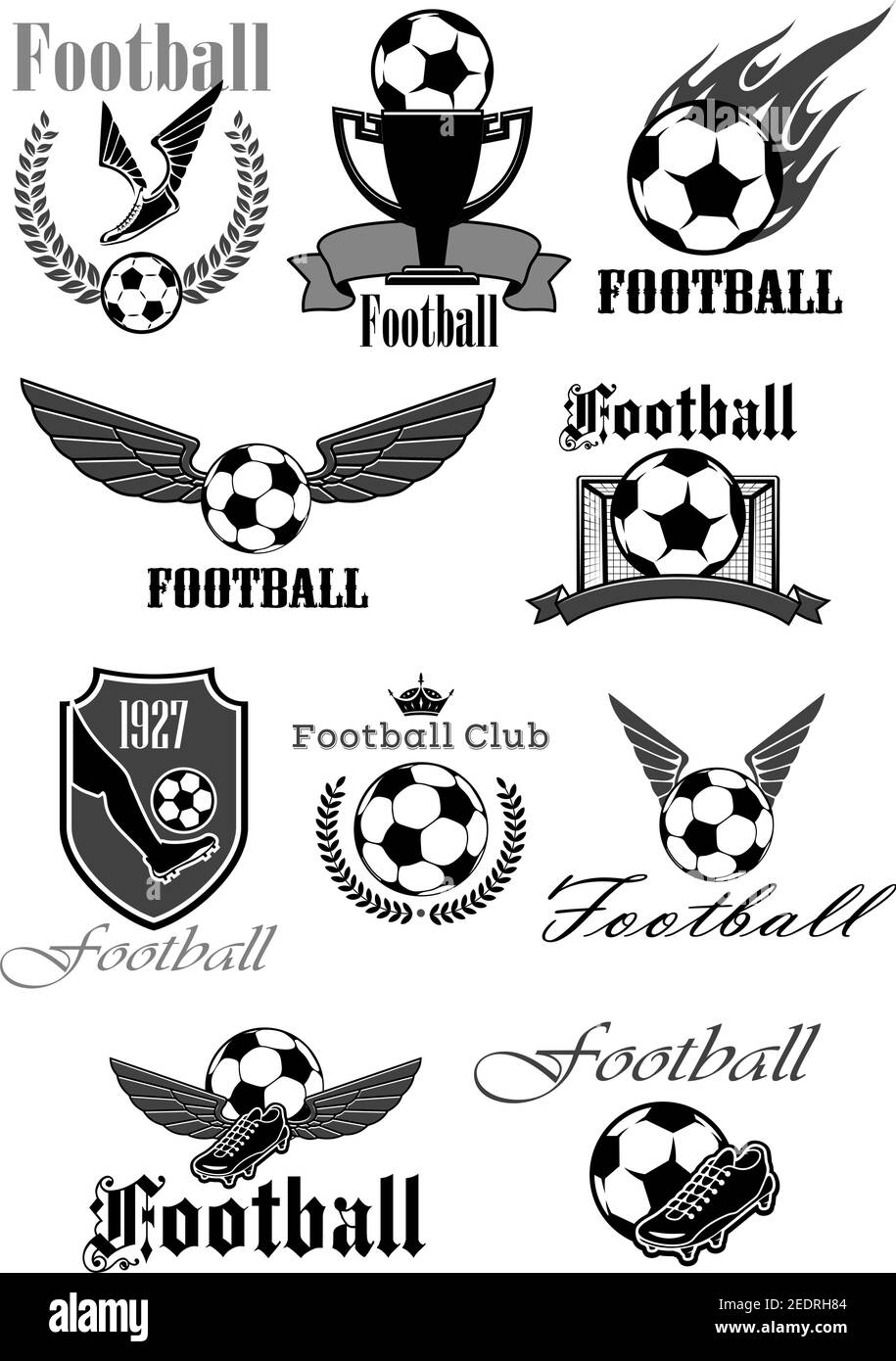 Football or soccer sport club symbol set. Football or soccer ball, gate, boots and champion trophy cup with ribbon banner, heraldic shield and laurel Stock Vector