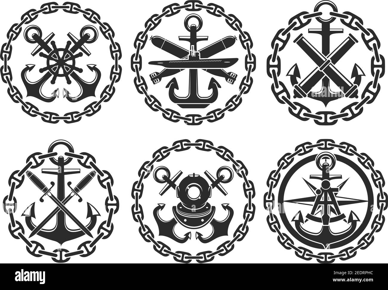 Nautical heraldic emblems and badges of anchor and helm, sailor compass and  warhead bombs, ship chains and marine sabers with navigation sextant and s  Stock Vector Image & Art - Alamy