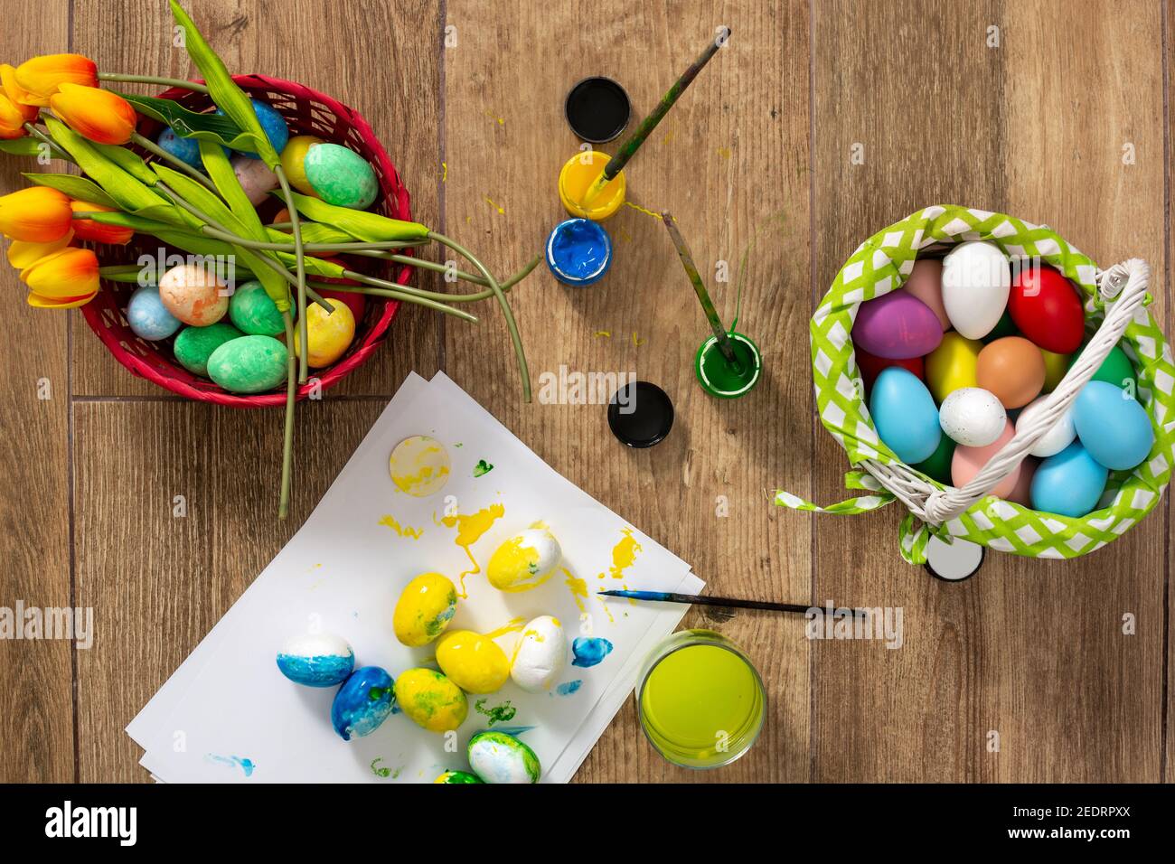 Happy Easter! Painting Easter eggs at home. Top view Stock Photo