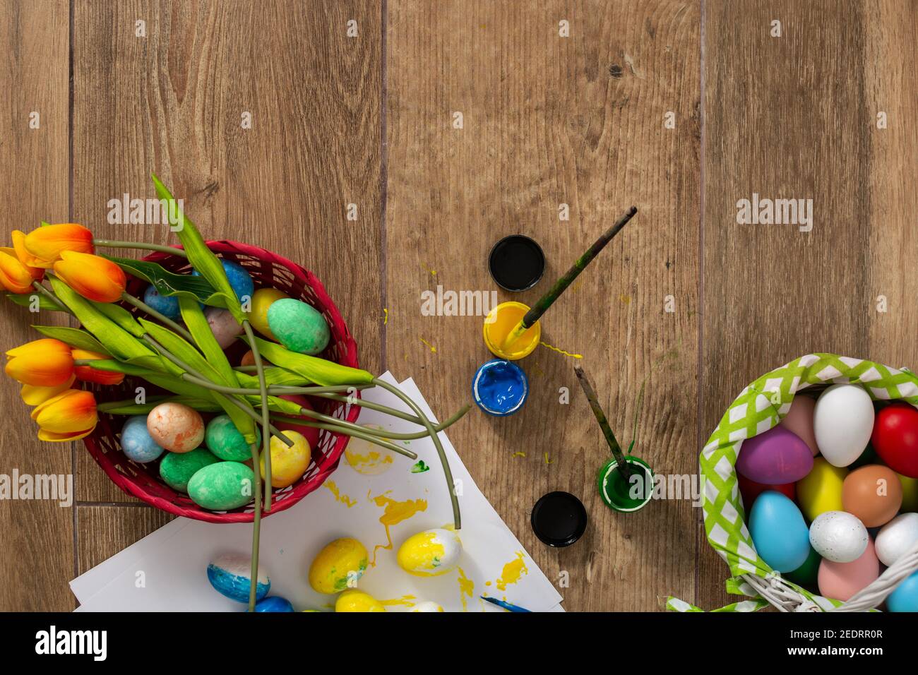 Happy Easter! Painting Easter eggs at home. Top view Stock Photo