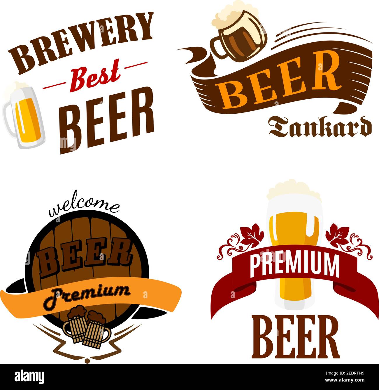 Beer pub, bar and brewery icons. Vector isolated symbols of ale mug and frothy beer glass, wood barrel of lager and draught alcohol drink for premium Stock Vector
