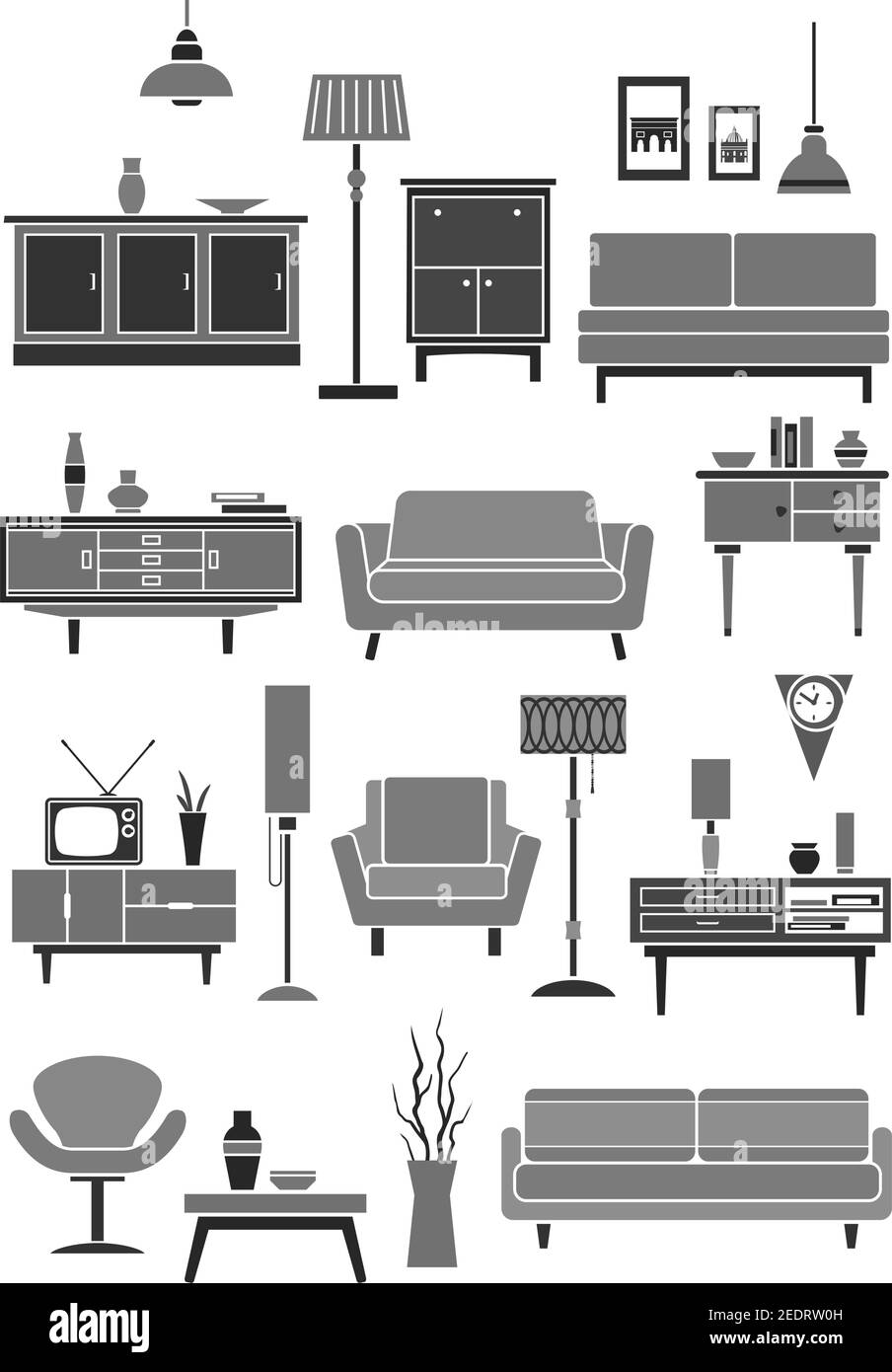 Home and room furniture icons. Set of chair or armchair, sofa and table, chest or wardrobe. Vector interior floor lamp and wall clock, flower vase and Stock Vector