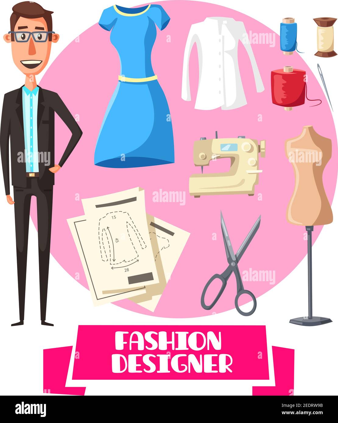 Fashion designer or dressmaker profession. Vector dress or woman blouse shirt and dummy mannequin model for cloth fitting pattern cut. Threads with se Stock Vector