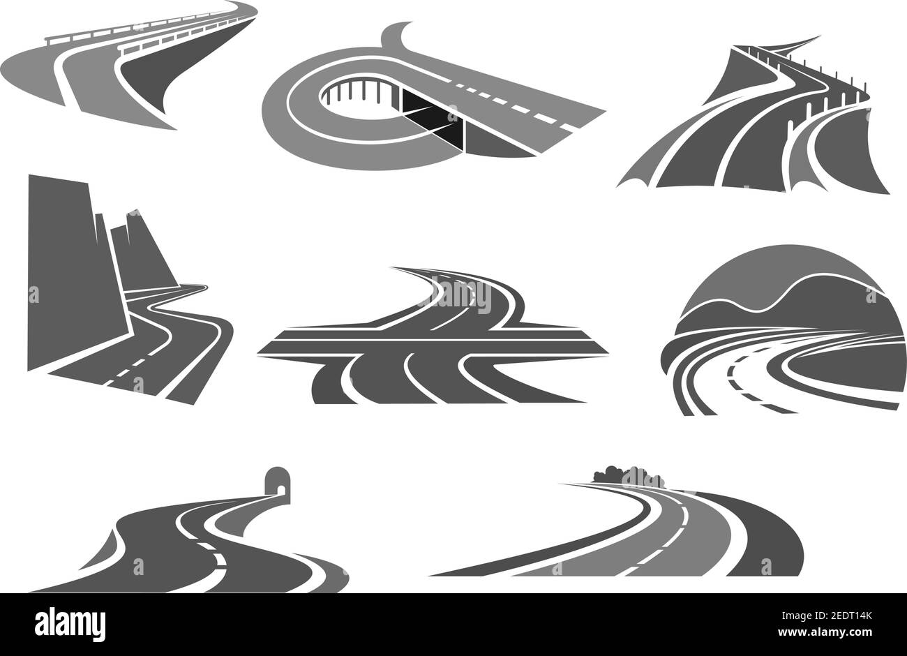 Highways and motorway roads vector icons. Symbols for express way building or construction company or transportation safety and repair service, travel Stock Vector