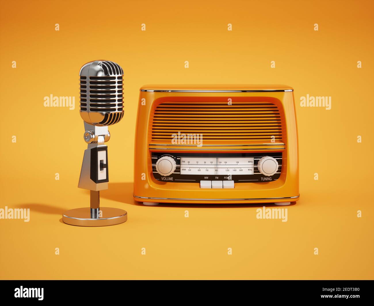 Retro microphone with old style radio. On air mic concept. 3d rendering iilustration Stock Photo